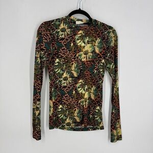 Ulla Johnson Long Sleeve Floral Print Tee in Green, Yellow, Brown